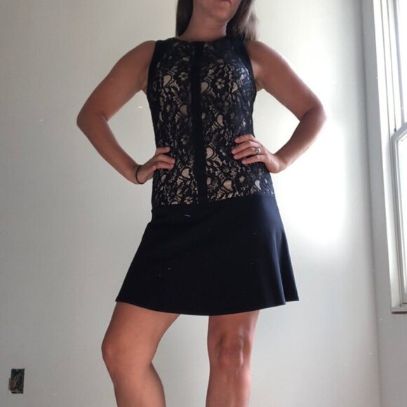 LAUNDRY Black Floral Lace Nude Underlay Sleeveless Drop Waist Short Dress SZ 6 - Picture 2 of 10
